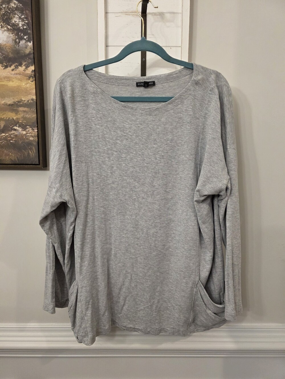 Eileen Fisher Heather Grey Oversized Long Sleeve Pocket Top XL
